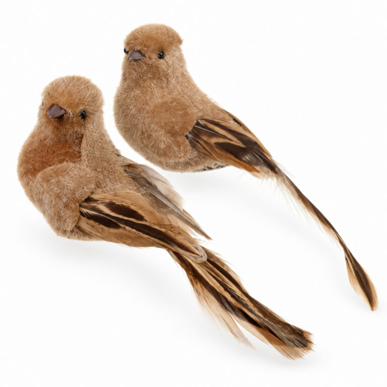 Two brown clip-on bird ornaments with soft textured bodies, natural brown feather wings, and long striped feather tails