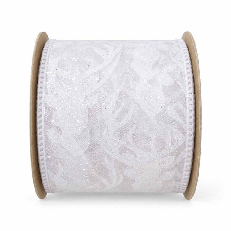 White sheer decorative ribbon with deer pattern, 2.5 inches wide, on a spool