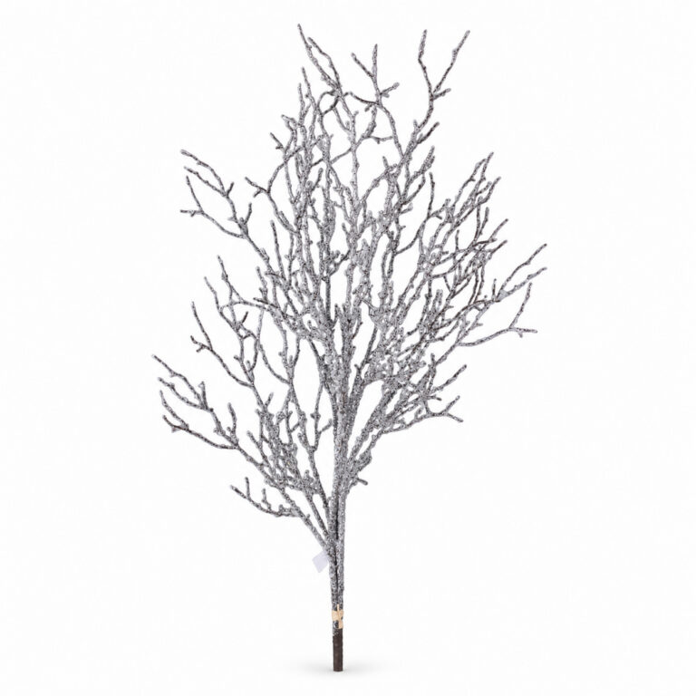 White snow-covered decorative twig bundle with multiple branching stems