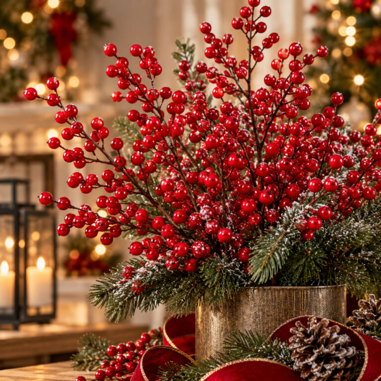 Red Christmas berry picks arranged with evergreen branches