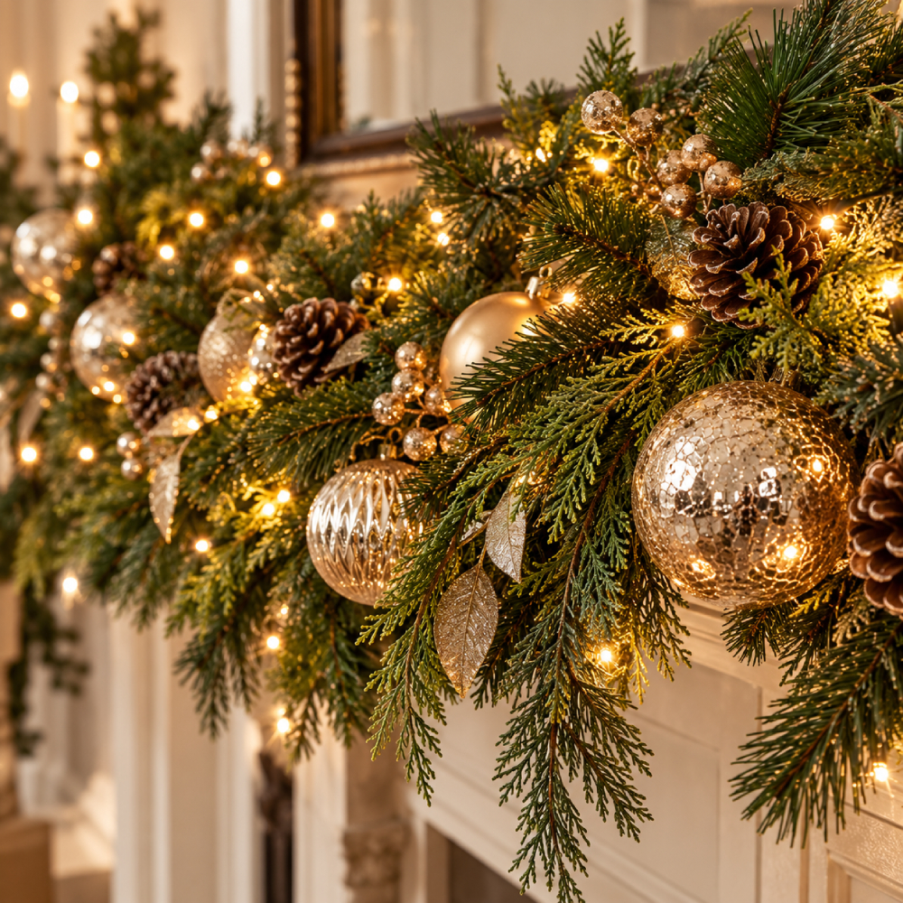 Evergreen Christmas garland with gold ornaments and warm lights
