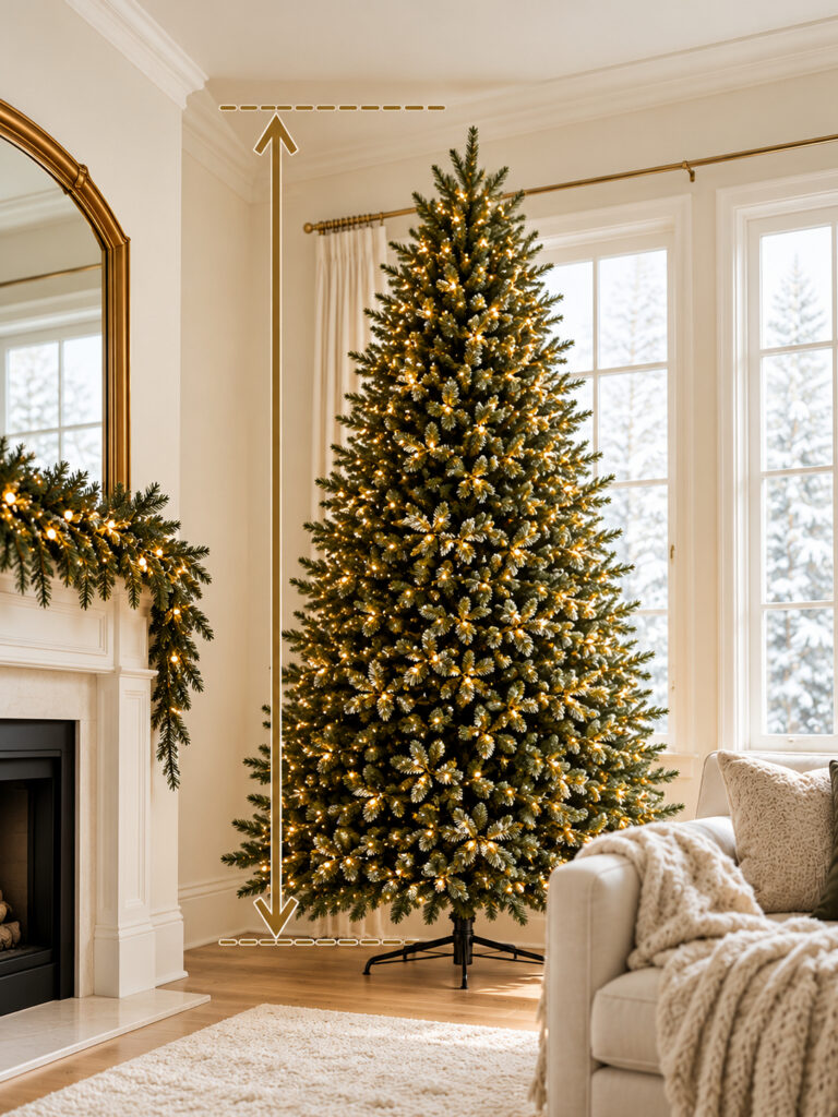 Christmas tree in a living room showing how to measure ceiling height and clearance