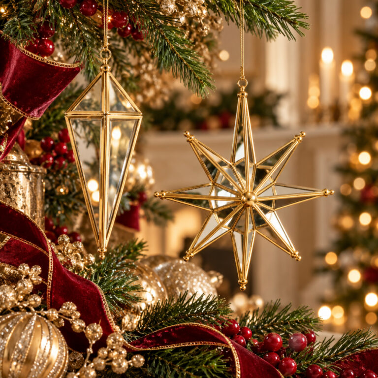 Gold mirrored Christmas ornaments hanging on a decorated tree