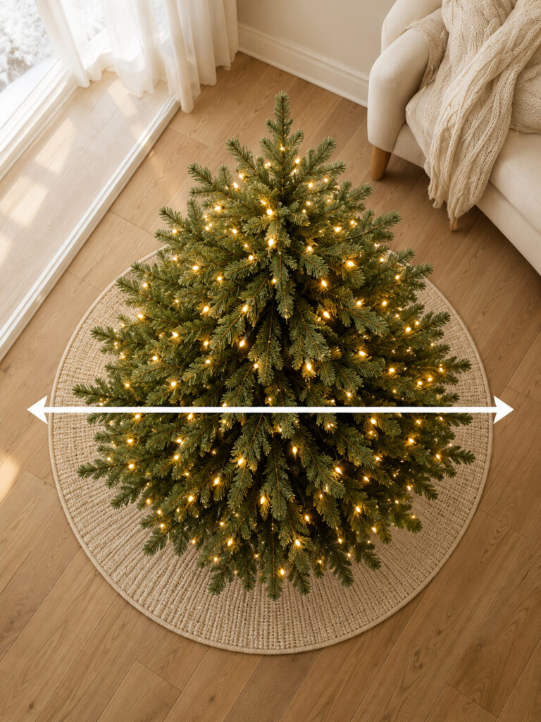 Top view of an artificial Christmas tree showing how to measure its width