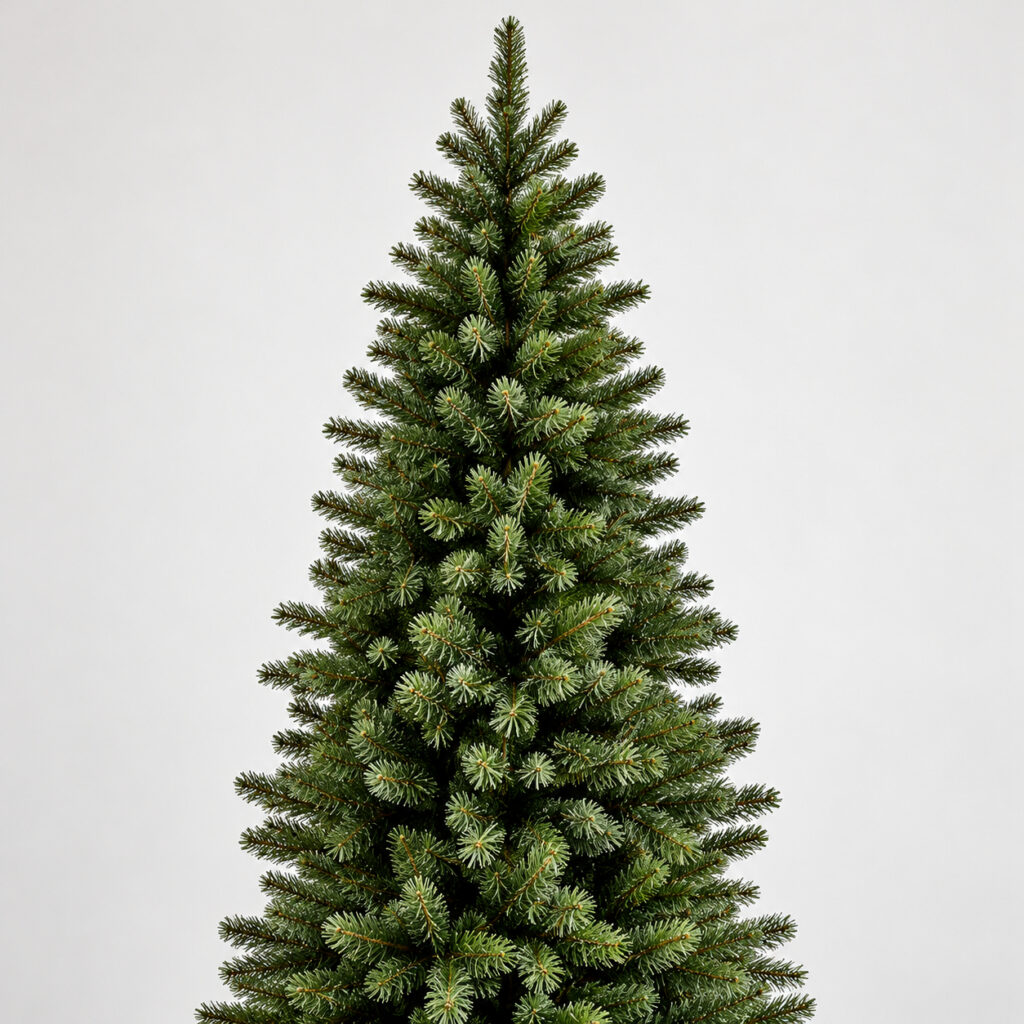 Slim artificial Christmas tree with a narrow silhouette